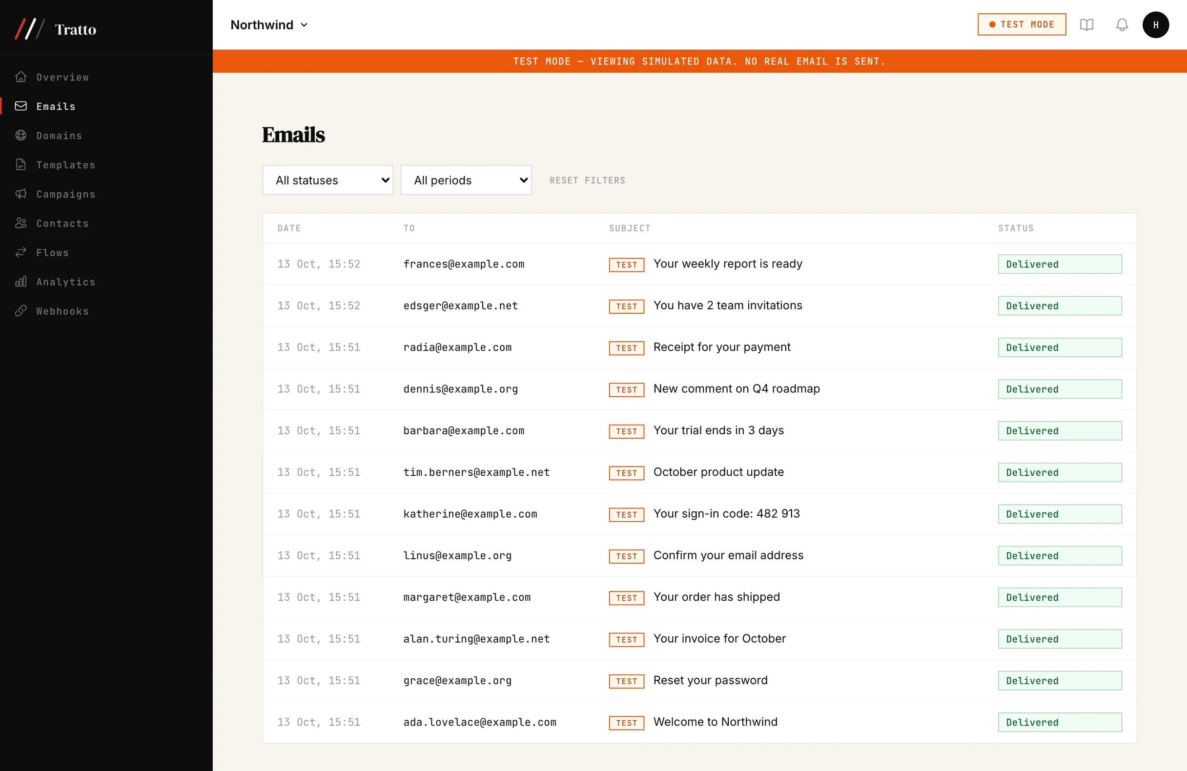The Tratto dashboard, Emails page: twelve sends from a demo workspace, each with date, recipient, subject and Delivered status, in test mode.