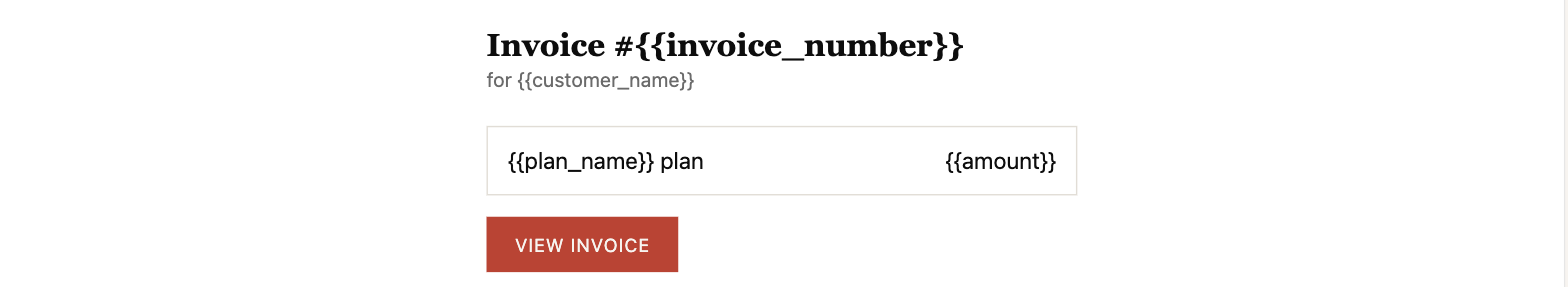 The template editor's live preview, rendering a real HTML invoice email with unfilled {{variable}} placeholders flagged